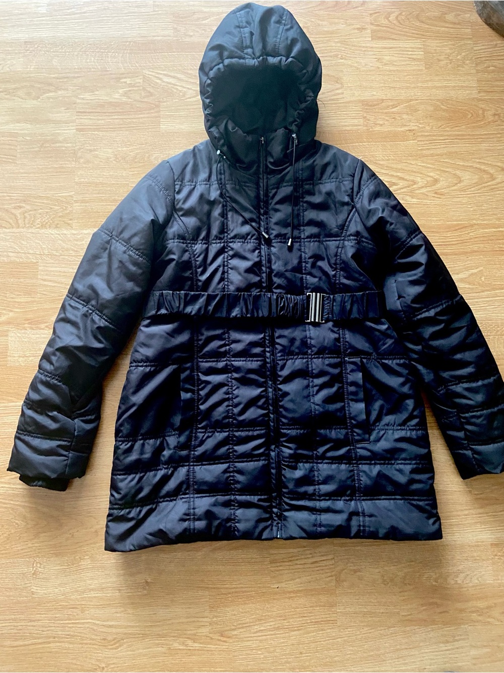 Motherhood Maternity Jacket Coat Quilted Detachable Hood & Belt Size Small